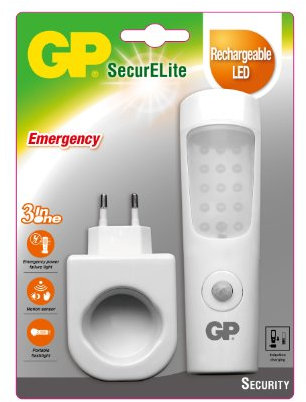 GP LED 454001 Securelite 3 en 1 Eclairage de Secours + Veilleuse + Détecteur de Mouvement + Torche Classique