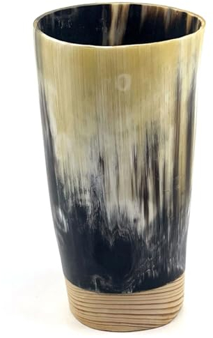 Taza de vaso de cristal con base de madera, diseño de cuerno de buey