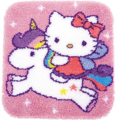 VERVACO Knüpfteppich Set DIY Handarbeit Set Knüpfset für Anfänger HELLO KITTY Teppich zum Selber Knüpfen Basteln Erwachsene Kreativ 55 x 61 cm Latch Hook Kit Knüpfhaken Zubehör Haus Dekoration