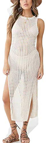 Bsubseach Women Beige Hollow Out Sleeveless Bikini Swimsuit Cover Up Swimwear Side Split Crochet Tank Beach Dress