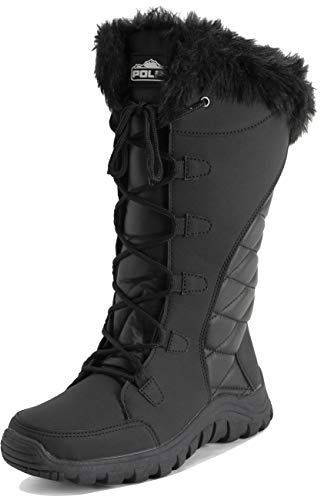 Polar Women's Knee High Winter Boots - Waterproof Fur Lined Quilted Snow Boots with Non Slip Sole, Insulated Warm Outdoor Walking Footwear - Black Leather Tall - UK3/EU36