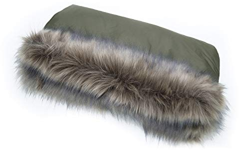 Baby-Joy Kinderwagen Muff mit Kunstfell, warmer Handwärmer und Handschutz, wetterfester Handschuh mit Reißverschluss und flauschigem Innenfutter | Farbe: 26 Khaki Olivgrün