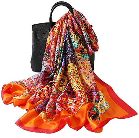 LumiSyne Seidenschal Damen Vintage Gemälde Muster Sonnenblume Blumen Ethnischer Stil Langer Seidentuch Großer Tücher Strandwickelkleid Sonnenschutz Stola Warm Weich Ganzjährig
