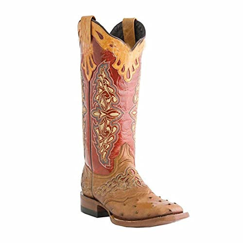 Stivali da equitazione da donna, stile vintage Chunky Heel Cowgirl Cowboy con punta quadrata in pelle ricamata, stivali da equitazione, Rosso rosso., 36 EU