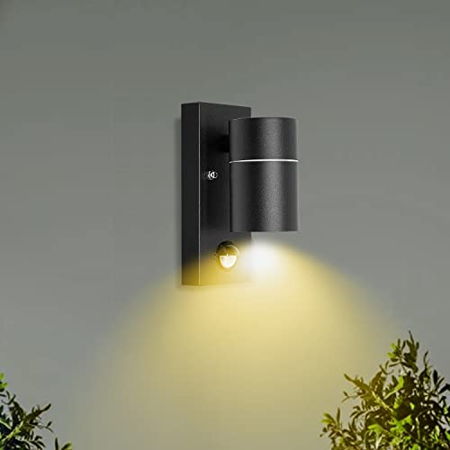 Unikcst LED Aussenleuchte mit Bewegungsmelder GU10 Aussenlampe Schwarz Matt IP44 Modern Wandlampe Aussen 230V inkl.1x 5W GU10 Warmweiß 3000K Leuchtmittel, 1 Stück