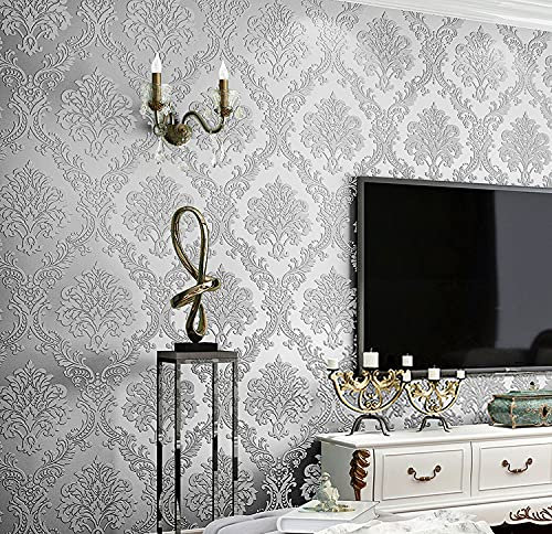 Prior.choice 9.5X0.53M Luxury Damask 7 Colors Luxury Embossed Flock Textured Non-Woven Wallpaper Roll for Bedroom Livingroom 1.73' W x 31.2' L=5.035㎡ (54sq.ft) (Gray)