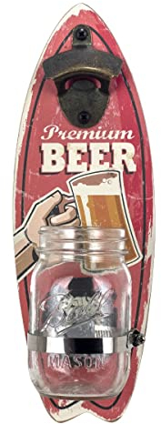 Abridor Botellas Pared de Madera y Metal con Bote para Chapas Tabla Surf Roja-Cerveza. Cuadros y Apliques. Adornos. Destapadores. Regalos Originales. Decoración Hogar. 11,50 x 9 x 33,50 cm