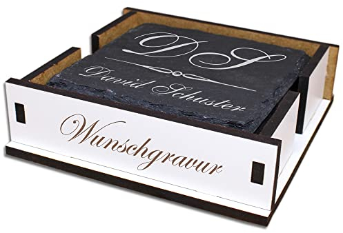 Schiefer Untersetzer Gläser mit Halter 4 Stück ca. 11cmx11cm personalisiert mit Namen und Initialen Glasuntersetzer Tassenuntersetzer Untersetzer Schiefer Glas Untersetzer-Set Kerzenuntersetzer