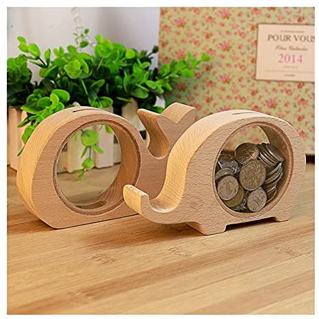 ZAW Spardose aus Holz, Motiv: Wal, Elefanten, Tier, Spardose, transparentes Glas, für Kinder, Geschenke, Sparschwein (Farbe: Nilpferd)