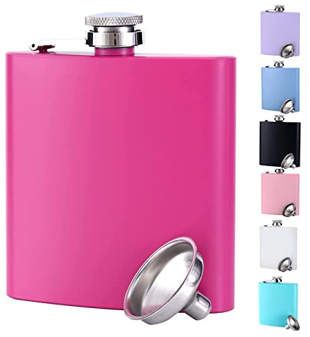 Flachmann Frauen Flachmann Klein, Morandi Color Mini Flachmann Mit A Trichter, Tragbar Edelstahl Flachmann Zum Wandern, Klettern, Angeln, Camping, 180Ml(6Oz), Rose Rot