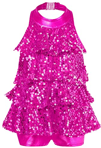 Nyeemya Kinder Mädchen Glänzend Gymnastikanzug Pailletten Turnanzug Neckholder Ärmellos Balletttrikot Tanzbody Performance Dancewear Show Party Rose 116