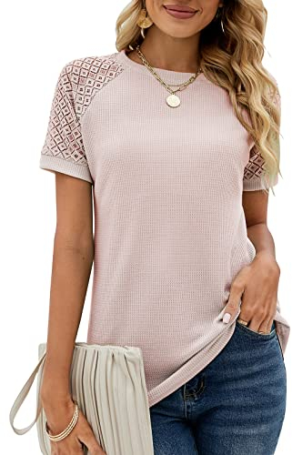 Bequemer Laden Donna Estate Thirt Manica Corta Pizzo Maglietta Girocollo Casual Chiffon Top T Shirt Camicia, Rosa Chiaro, L