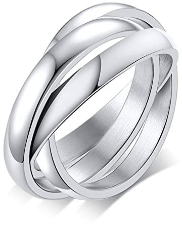 Musihy Frauen Ringe, Trauringe 316l Stainless Steel Ring Dreifarbiger Drei-Ring Drehring Silber Ringgröße 9