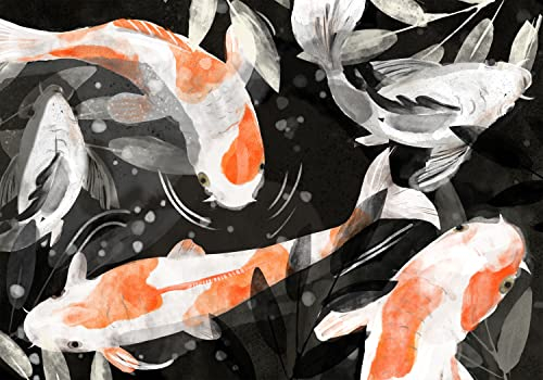 decomonkey Fototapete Fische 200x140 cm Design Tapete Fototapeten Tapeten Wandtapete moderne Wand Schlafzimmer Wohnzimmer Deko Modern Japan Asien Koi Karpfen Natur Tiere schwarz