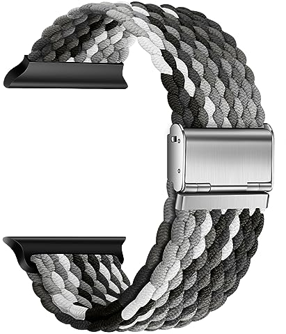 Nepfaivy Ersatzarmband Kompatibel mit Apple Watch Armband 46mm 49mm 45mm 44mm 42mm für Damen Herren, Geflochtenes Nylon Solo Loop Armband für iWatch Series 10/9/8/Ultra/SE/7/6/5/4/3/2/1, Schwarz/Grau