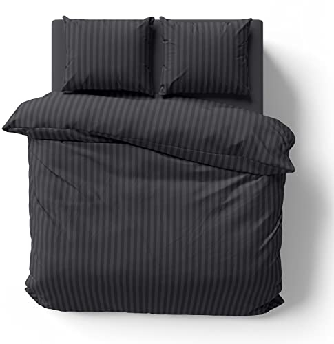 one-home Bettwäsche 200x200 cm Hotel gestreift schwarz weich Damast Mikrofaser Doppelbett