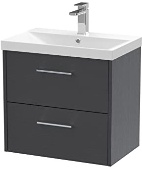 Hudson Reed JNU2224D Juno Modern Bathroom Wall Hung 2-Drawer Vanity with Thin-Edge Ceramic Basin, 600mm, Woodgrain Graphite Grey