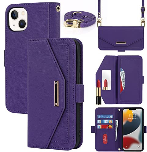 Cavor Case compatible with iPhone 13 Phone Case With Strap,Crossbody Flip Leather Wallet Case,[5 Card Holder][Mirror][Magnetic],Lanyard Case Cover for women - Purple