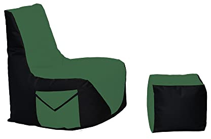 Momiralland Komfort Sitzsack XL - XXL mit Hocker Sitzkissen BodenKissen Sessel In- & Outdoor geeignet Gaming Sitzsack für Erwachsene und Kinder (Schwarz – Dunkelgrün, XL - Durchmesser 75 cm)