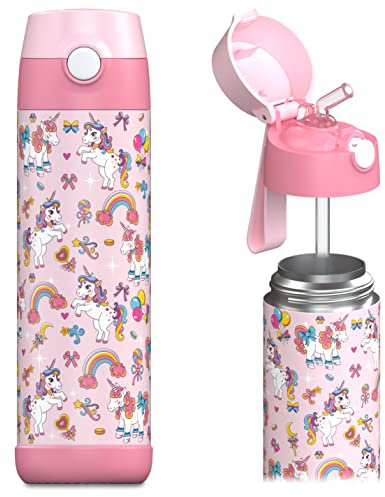Jarlson CHARLI - Botella de agua para niños con pajita, botella de agua aislada de acero inoxidable, termo para niñas/niños (unicornio mosaico, 18 onzas)