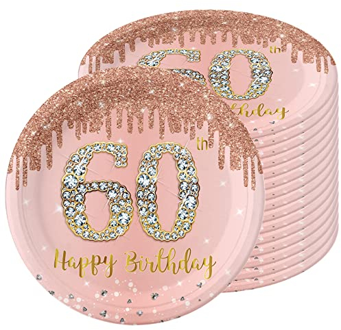 16Pcs Rose Gold 60th Birthday Plates 9inch Paper Plate for 60th Party Decorations Rose,60th Birthday Decorations Plates for Grils Women Her Party Paper Plates 9 Tableware for 60th Dinner Paper Plates