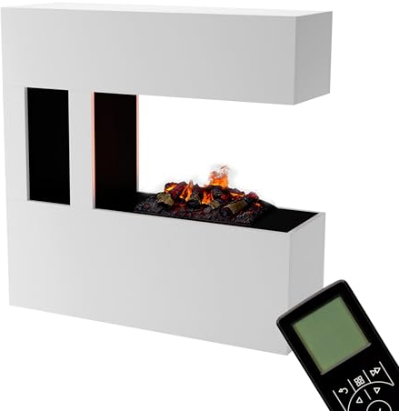 GLOW FIRE Wasserdampf Kamin Schiller Pocket (Standkamin) - Elektrokamin mit realistischen LED 3D-Flammen, Knistereffekt & Fernbedienung, 120x120 cm - Opti-Myst 500 Elektro Kamin mit Holz-Deko, Weiß