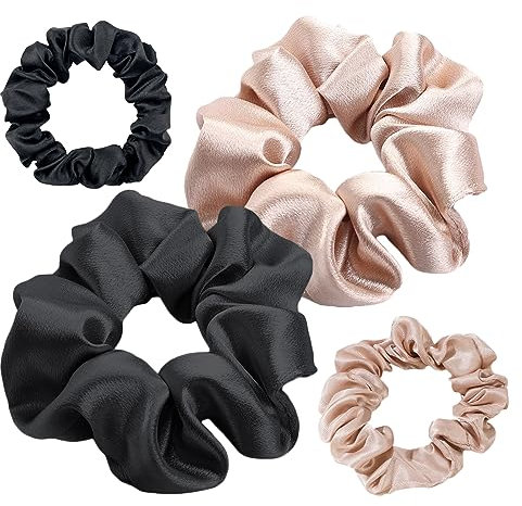 JOIYHY Scrunchies per Capelli Seta[4 Pezzi], 2 Grande Elastici Capelli Donna e 2 Small Elastico in Scrunchies, Set Elastici Capelli Stoffa Raso per Donne Ragazze(Nero e Champagne)