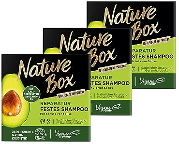 Nature Box festes Shampoo Reparatur (85 g), Reparatur-Shampoo mit Avocado-Öl repariert das Haar und schützt vor Spliss, recycelbare Verpackung, 3x 85 g