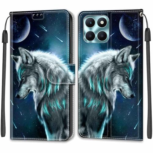 TOMYOU Schutzhülle für Honor X6a, PU-Leder, Brieftasche, Klappetui, Standfunktion, kompatibel mit Honor X6A Handyhülle – Wolf