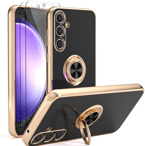 YIRSUR Case Compatible with Samsung Galaxy S23 FE 6.4 (2023) with 2 Pack Screen Protector, with Ring Holder Plating Rose Gold Edge 360° Kickstand Cover Slim Soft Flexible TPU Protective (Black)