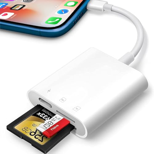 Aplimln SD Card Reader for iPhone iPad, 3 in 1 SD Card Viewer with MicroSD & SD Card Slot for Trail Game Camera, Photography Memory Card Adapter, Simultaneous Charging and Card Reading, Plug and Play