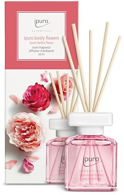 ipuro - Essentials Raumduft Lovely Flowers 50ml | Raumerfrischer mit Ylang Ylang, Rose, Maiglöckchen, Vanille & Moschus Duft Aroma | Diffuser mit Stäbchen | Lufterfrischer für die Wohnung