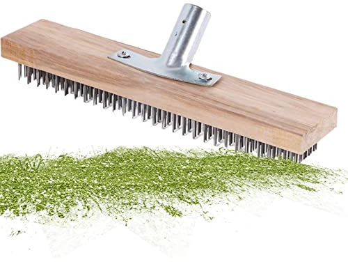 Escoba de alambre de acero de 30 cm con borde rascador y soporte de metal robusto, escoba de jardín, cerdas duras, cepillo para rascar, rastrillo de hojas, para eliminar el musgo de jardín