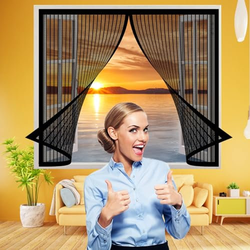 Fliegengitter Fenster Magnet 122 x 88 cm, Insektenschutz Feines Undurchdringliches Gitter, Vollmagnetisch, Schließt Automatisch für Alle Fenster, Schwarz