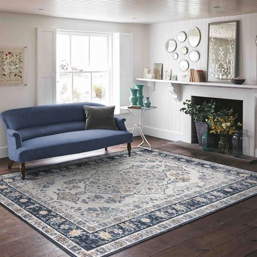 TALETA Teppich Wohnzimmer waschbar, orientalischer Teppich, Kurzflor Teppich Vintage für Wohnzimmer, Schlafzimmer, Esszimmer - Navy blau, 240 x 340cm