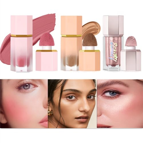 Beauty Searcher 3PCS Liquide Contour & Highlighter & Blush Set de maquillage, Longue durée, lisse et modulable Blush Crème Highlighters Contouring Bronzer, Set de maquillage pour le visage