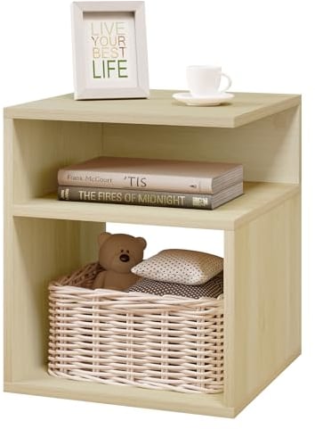 EUGAD Nachttisch Hell Eiche, Beistelltisch mit 2 offene Fächer, 35x41,5x35 cm, Nachtkommode Nachtschrank für Boxspringbett, Platzsparender Nachttisch für Wohnzimmer Schlafzimmer, 0007CTG