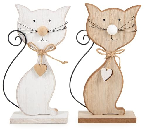 Logbuch-Verlag 2 Katzen Figuren Set aus Holz Dekofiguren braun weiß Katzenpaar Geburtstag Geschenk für Katzenliebhaber 20 cm