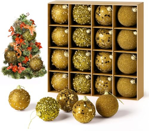 Weihnachtskugeln, ilauke 16 Stück Christbaumkugeln Gold 6cm Christbaumschmuck Kugeln Anhänger, Ultraleichter Luxus Tannenbaum Kugeln, Einzigartig Weihnachtskugeln Baumschmuck Ornamente für Party