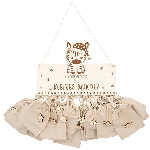Kidsmood Personalisierter Adventskalender zum Befüllen aus Holz - Zebra | Adventskalender 2026, Weihnachtsdeko aus Holz, Weihnachtskalender zum Befüllen mit Tüten für Geschenke Mädchen & Jungen