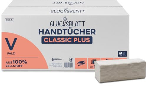 Glücksblatt Papierhandtücher, 3000 Blatt, 2-lagig, 25x23cm, V-Falz, Falthandtücher aus 100% Zellstoff, hochwertige Handtücher, für Spender geeignet, weißes Handtuchpapier, Einmalhandtücher