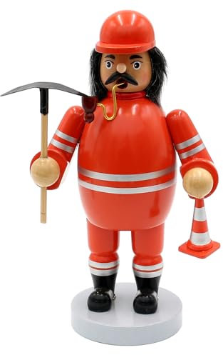 Dekohelden24 Holz Rauchfigur, Räucherfigur, Räuchermännchen, Räuchermann als Straßenbauer/Bauarbeiter mit Spitzhacke und Kegel in orange, L/B/H 11,5 x 11 x 20 cm.