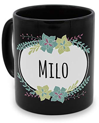 printplanet - Tasse Schwarz mit Namen Milo - Motiv: Flowers - Namenstasse, Kaffeebecher, Mug, Becher, Kaffeetasse