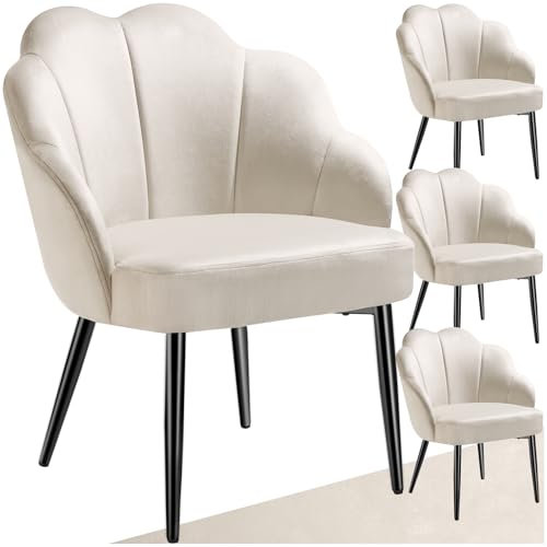 tectake® Cocktailsessel in Muschelform, Samt Stuhl mit Armlehne, Sessel Wohnzimmer, Loungesessel, Stühle Esszimmer, Relaxsessel, Sessel Schlafzimmer, Deko Zimmer, Lesesessel - créme/schwarz, 4er Set