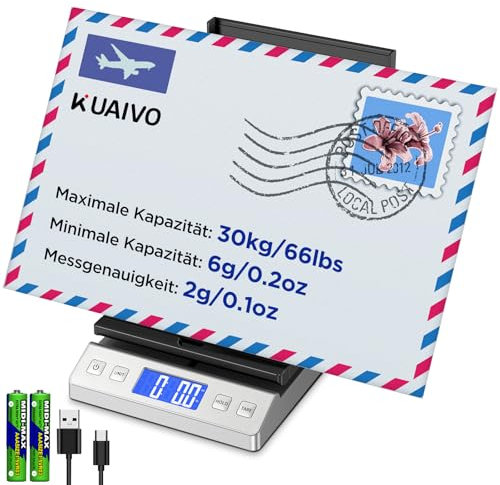 KUAIVO Briefwaage, 30kg/2g Digitale Paketwaage mit Halte & Tara Funktion, Hohe Präzision Faltbare Plattformwaage für Brief, Paket, Einsetzbar im Büro und Heimgebrauch