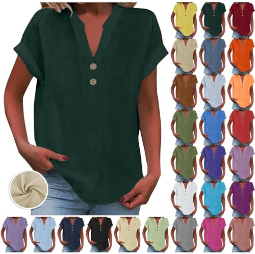 Womens Tops, My Orders, Ladies Tops 2025 Women's Summer Cotton Linen Cap Sleeve T-Shirt Button V Neck Tunic Top Fashion Baggy Solid Plain Casual Shirts Trendy Blouse Dark Green