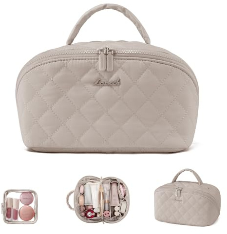 LOVEVOOK Kosmetiktasche Damen Make up Tasche Groß Schminktasche Organizer | mit fächern Wasserdichte Puffer Kulturbeutel mit 180°-Flachdesign Wäschemaschinenfeste Kulturtasche für Reisen, Rosa