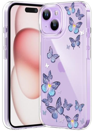 CASBST Compatible with iPhone 15 Case, Clear Case with Cute Butterfly Pattern Design for Girls Women, Slim Soft TPU Shockproof Protective Aesthetic Phone Cover for iPhone 15 (Purple Butterfly)