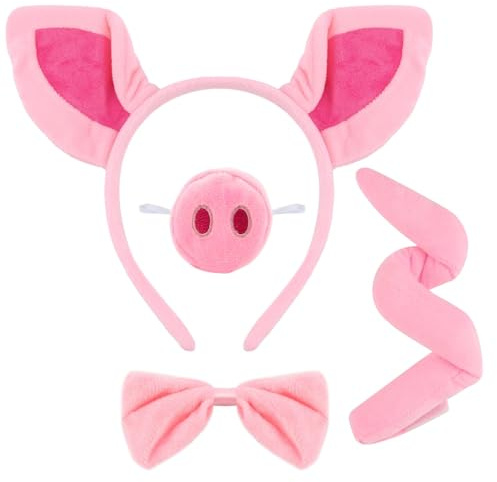 Schwein Kostüm Set für Erwachsene | Inkl. Ohren, Schwanz & Fliege | Rosa Schweine Verkleidung für Halloween, Fasching & Cosplay | Lustiges Tierkostüm mit Schnauze & Stirnband | Premium Qualität
