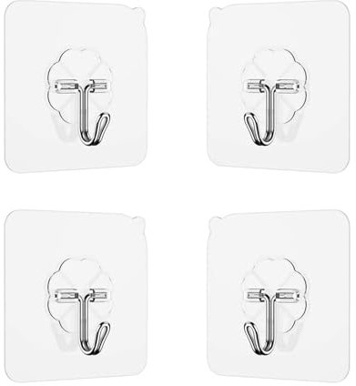 Jedebartey Adhesive Hooks, 4pcs Self Sticky Hooks, Nail Free Heavy Duty Transparent Waterproof Plastic Stick On Wall Hook for Door Bathroom Towel Kitchen Utensils Hanging (4pcs)